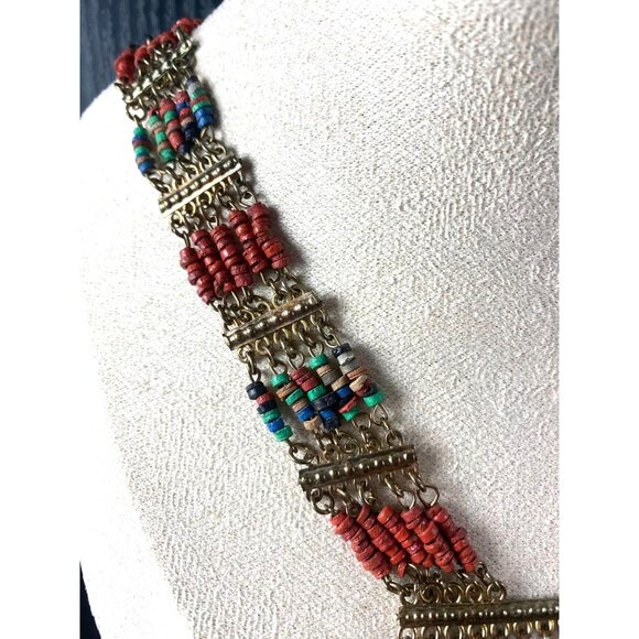 Vintage Ethnic Tribal Necklace With Multicolor Beads & Metal Links Orange Gold A - Picture 6 of 7